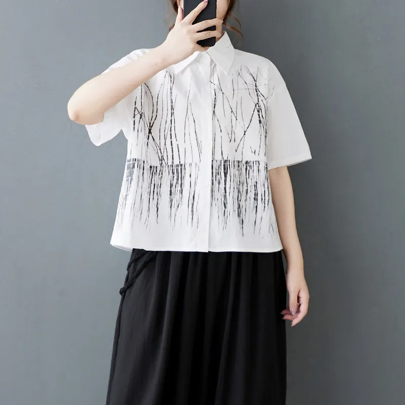 Women's White Blouse 2026 New Summer Fashion Loose Casual Short-sleeve Shirt Unique Design Chic Print Commuter Fashion Tops view 3