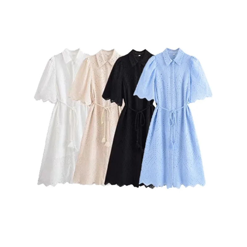 

Hollow Out Embroidery Long Dress Women 2025 New Summer Elegant Button With Belt Pleated Midi Dresses Chic Casual Simple Dress