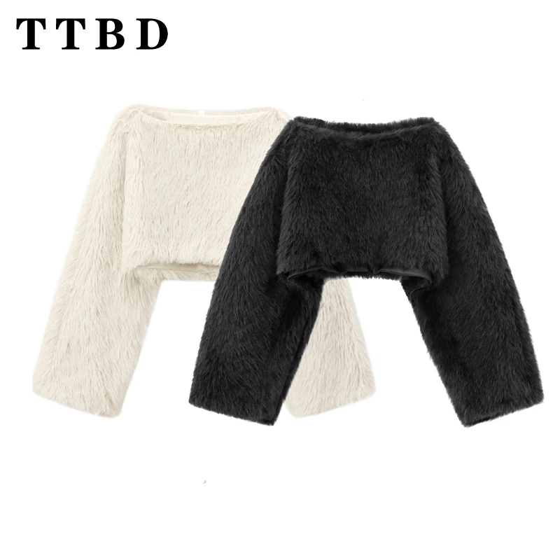 TTBD 2024 Autumn Female Party Long Sleeve Faux Fur Jumper Pullover Sophisticated Woman's slash neck Collar Keep warm Outerwear