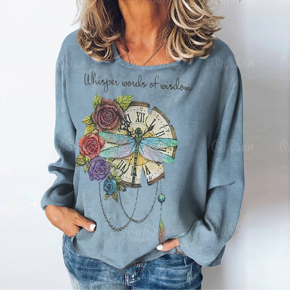 T-shirt da donna Vintage con lettera modello libellula magliette a maniche lunghe top Pullover in cotone autunno/inverno abbigliamento donna