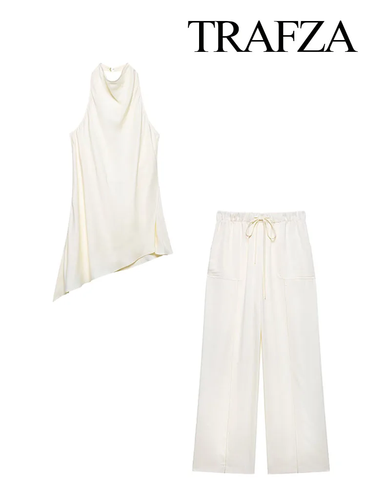 

TRAFZA Women's Summer Fashion Suit Beige Sleeveless Backless Decoration Tops+High Waist Drawstring Long Pants Female Casual Sets