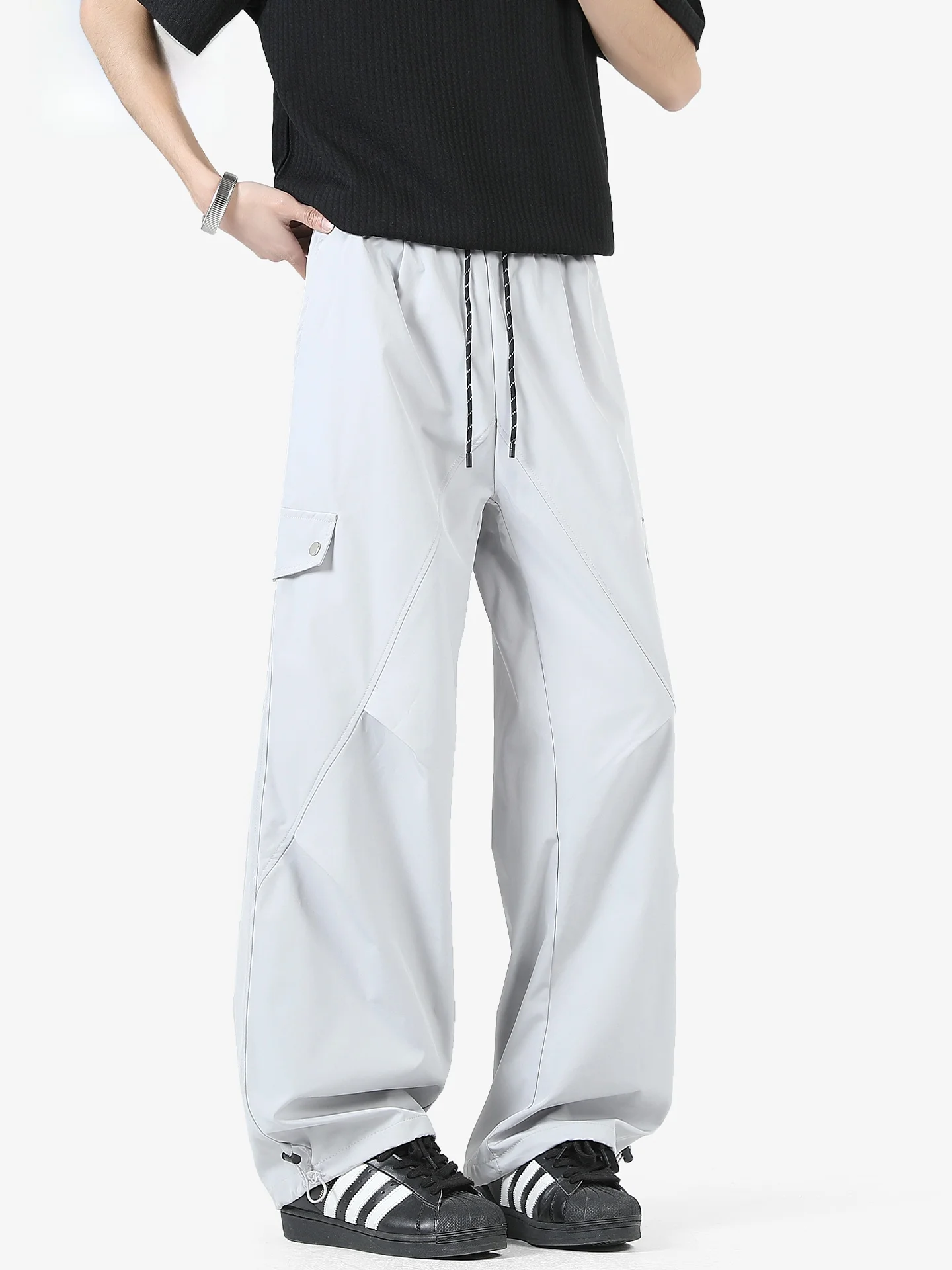 

Американские плиссированные рабочие брюки из ледяного шелка, мужские летние тонкие уличные десантники, свободные повседневные длинные брюки, прямые брюки