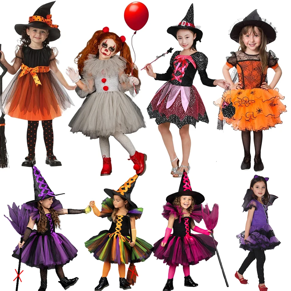 Baby Girls Halloween Witch Costume Children Cosplay Vampire Princess Dresses Kids Dress Up Clothes With Hat Carnival Party Gift