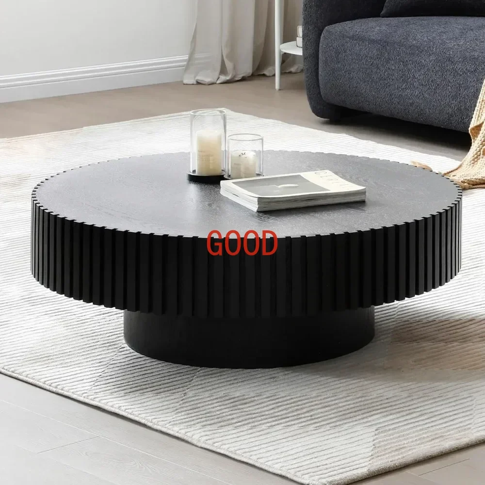 Round Coffee Table, Wood End Tables for Living Room, Modern Circle Fluted Drum Side Tables, Easy Assembly, Coffee Table