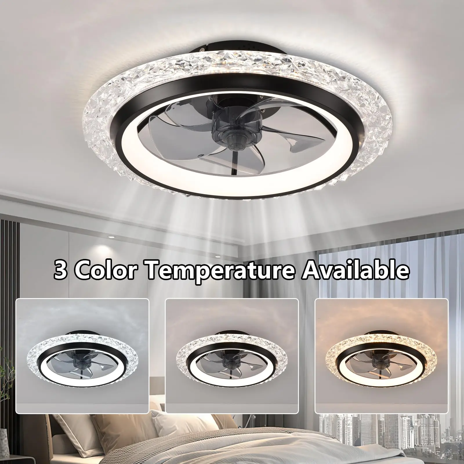 Modern LED Ceiling Fan with Light and Remote Control Crystal Lustre Nordic Style Electric Fan Lamp for Home Rooms Bedroom