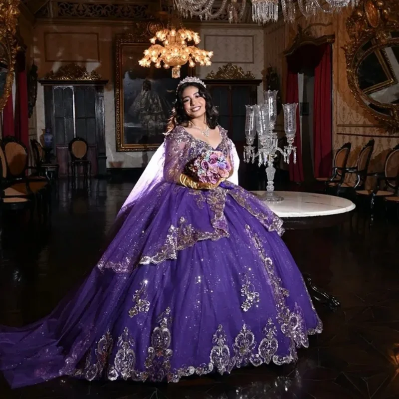 

Customized Shiny Purple Quinceanera Dresses Off the Shoulder Seqian applique crystal layering Tull Vestido De 15 Quinceanera