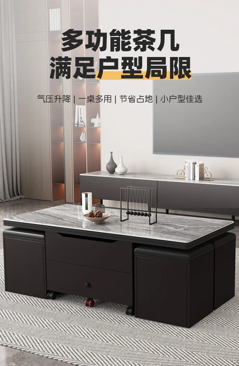 A combinação multifuncional de mesa de centro com painel de rock pode transformar instantaneamente em uma mesa de jantar Elevação criativa