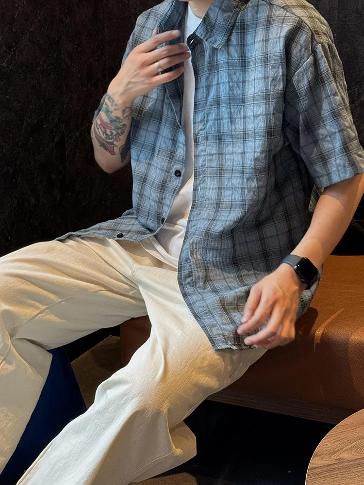 

Синяя клетчатая ort Sve Casual irt Мужская летняя легкая солнцезащитная верхняя одежда для пар в американском стиле Sle