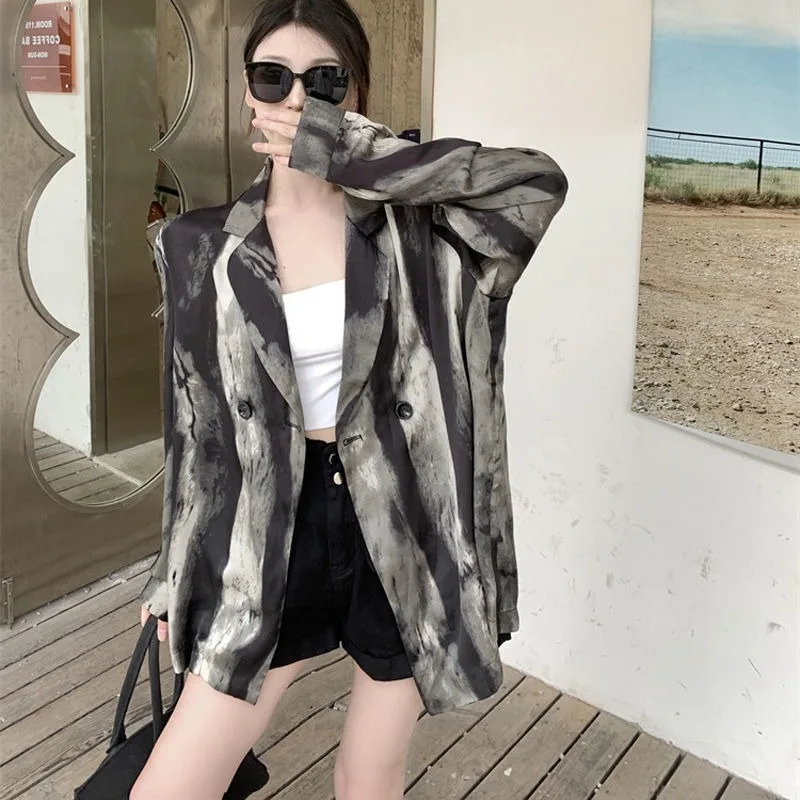 

Hot Trendy Women's Ink Painting Print Suit Jacket Long Sleeve Blouse Mixed Color Unique Small Batch Design Retro HK Vibe Top