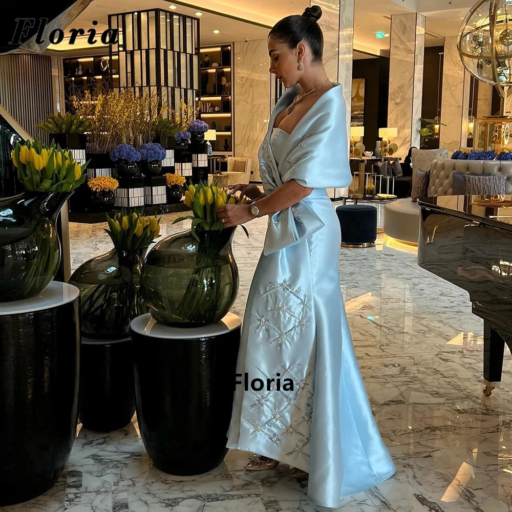 Floria-Vestidos De Noche largos De estilo árabe Dubai para Mujer, Vestidos De Noche De satén azul con mangas y cuentas De lujo para fiesta