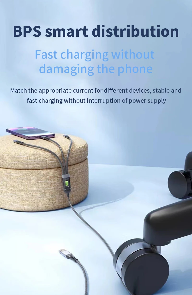 4PCS 3-IN-1 100W Nylon Woven Fast Charging Cable With Type-C, Micro USB, IP Port Compatible With Multiple Devices Multi Port Multiple Charging Wire
