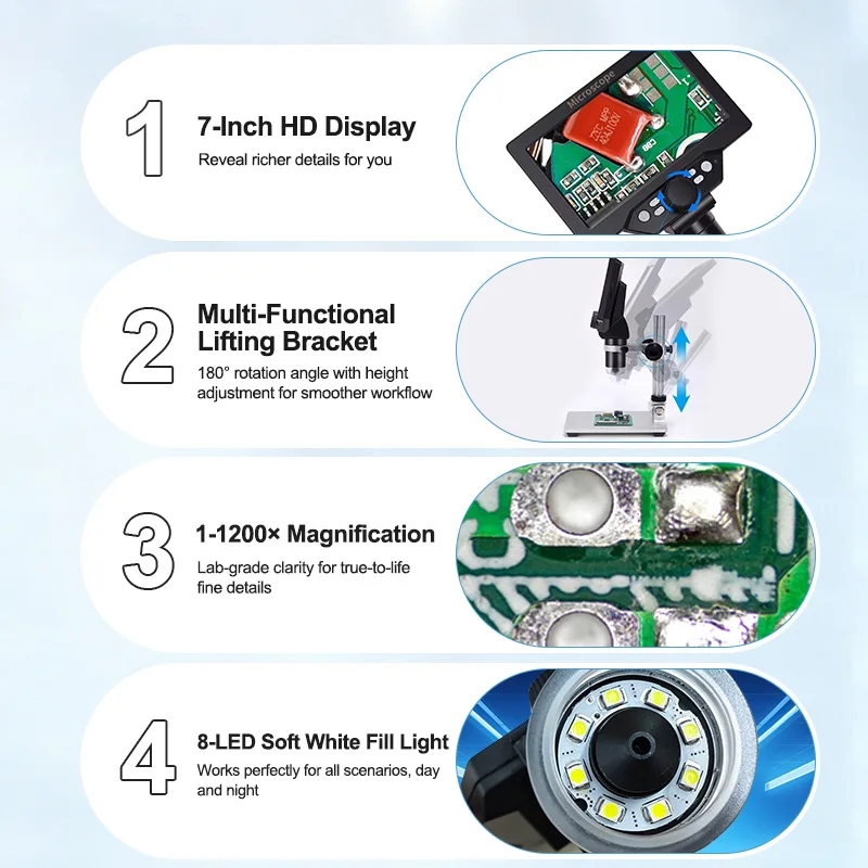 SUNSHINE DM-1200D Electronic Microscope 1‑1200× Continuous Zoom，7‑Inch HD Display and Multi‑Functional Lifting Bracket