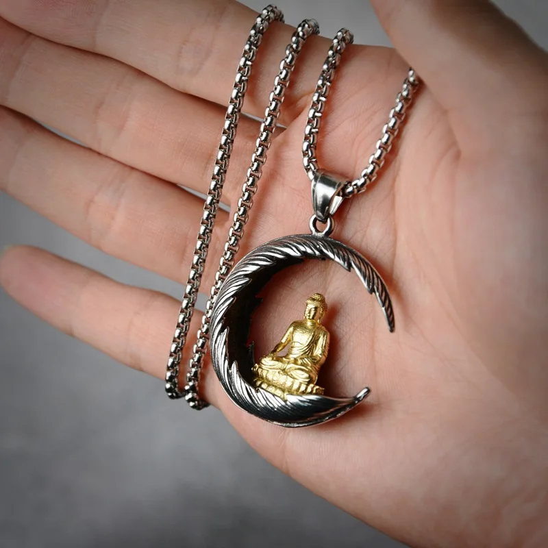 Mens Womens Gold Plated Stainless Steel Tibet Buddhist Buddha Pendant Necklace Chain Accessories