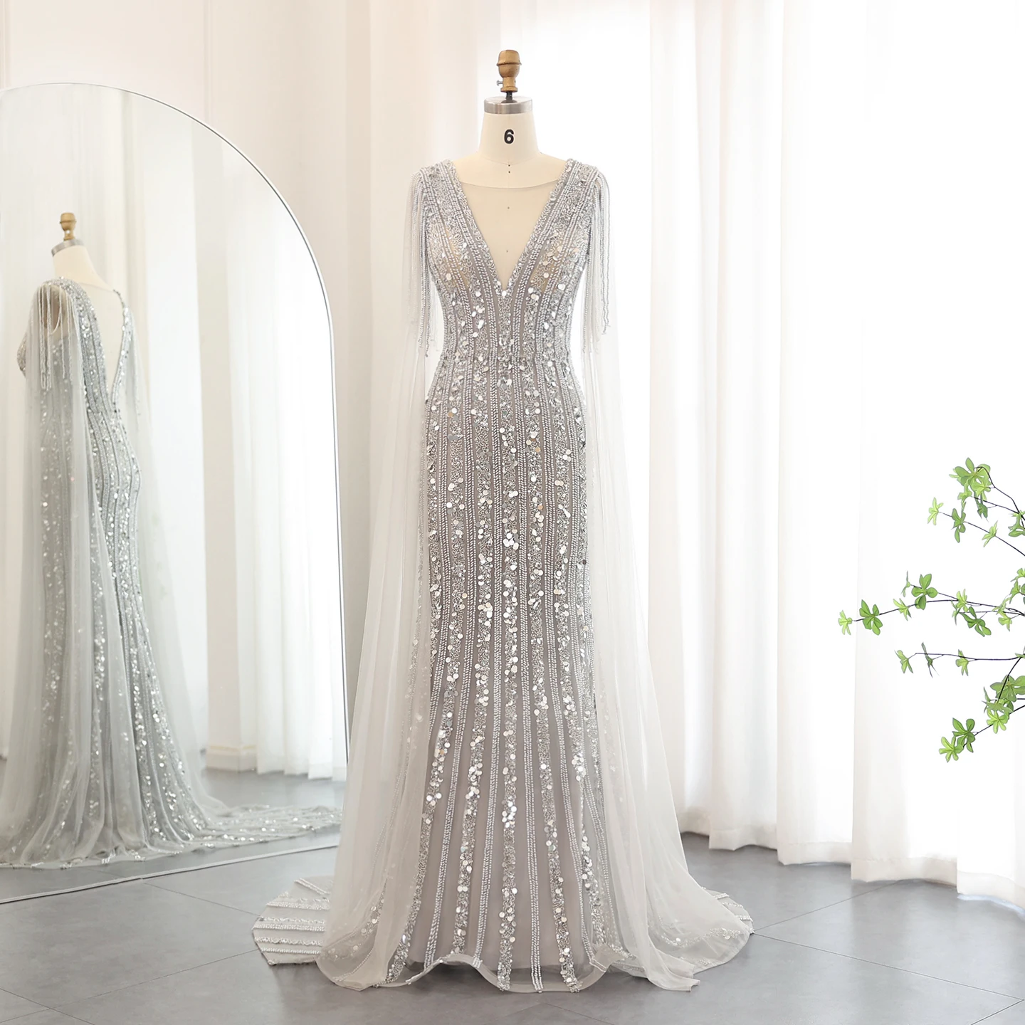 

Sharon Said Luxury Mermaid Silver Gray Evening Dress with Cape Sleeve Plus Size Women Wedding Guest Party Gowns SS159 Customized