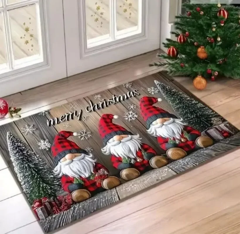 Christmas Gnome Doormat Three Coffee Gnomes Snowflake Plaid Border Indoor Outdoor Entryway Xmas Holiday Decor Home Welcome Mat