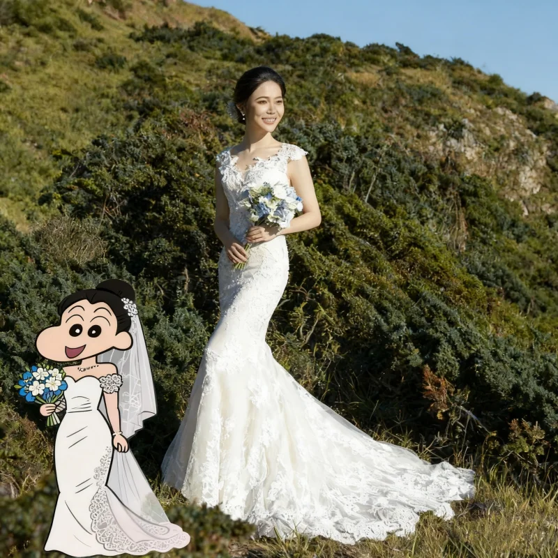 تخصيص 2026 المرأة الأنيقة الأبيض ذيل السمكة تنورة الدانتيل التصحيح زهرة الندى الظهر قصيرة الأكمام تصميم فستان الأميرة فستان الزفاف #1