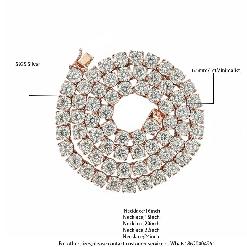 925 Silver Inlaid 1CT Full Moissanite, Pure Silver Plated with 18K White Gold, Gold and Rose Gold Necklace, 6.5mm Luxury Stylish