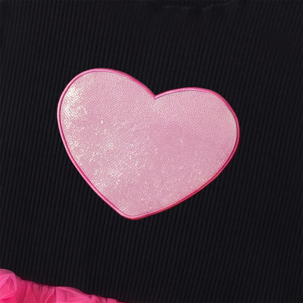 Kleinkinder Herzförmiger Druck Langarm Strickkleid in Schwarz und Rosa, Kinder Mehrlagiges Flauschiges Tüll-Prinzessinnenkleid für Geburtstagsfeiern und Alltag – Detail 5