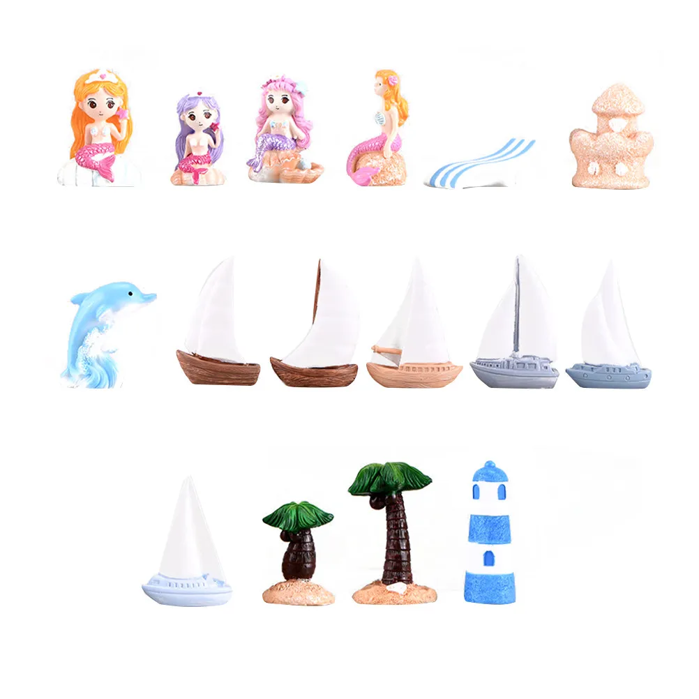 16Pcs Micro Landscape Ornaments Sea Style Resin Mini Scene Decoration Home Decor Bonsai Flower Pot Adornments Bonsai Decor