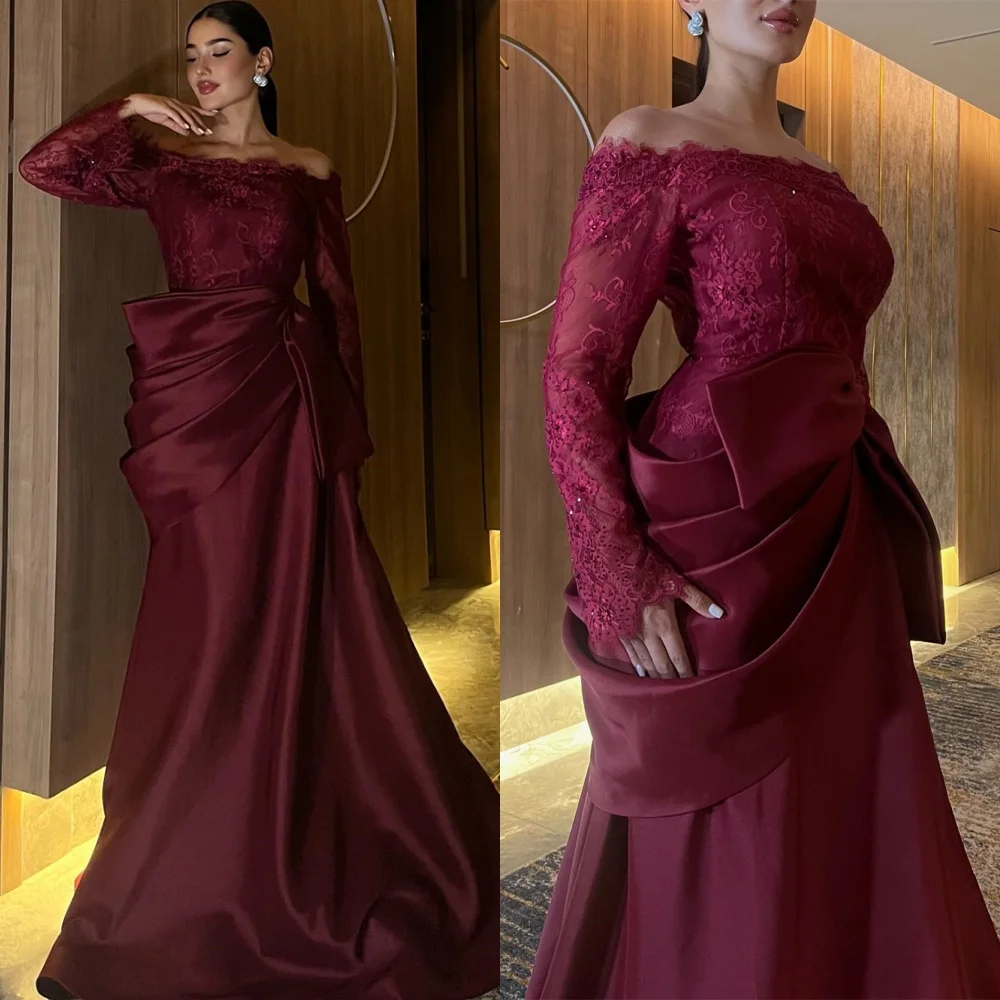 

Customized Elegant Satin Evening Dress High Quality Off the Shoulder Long Sleeves Homecoming Dresses Special Occasion Gowns