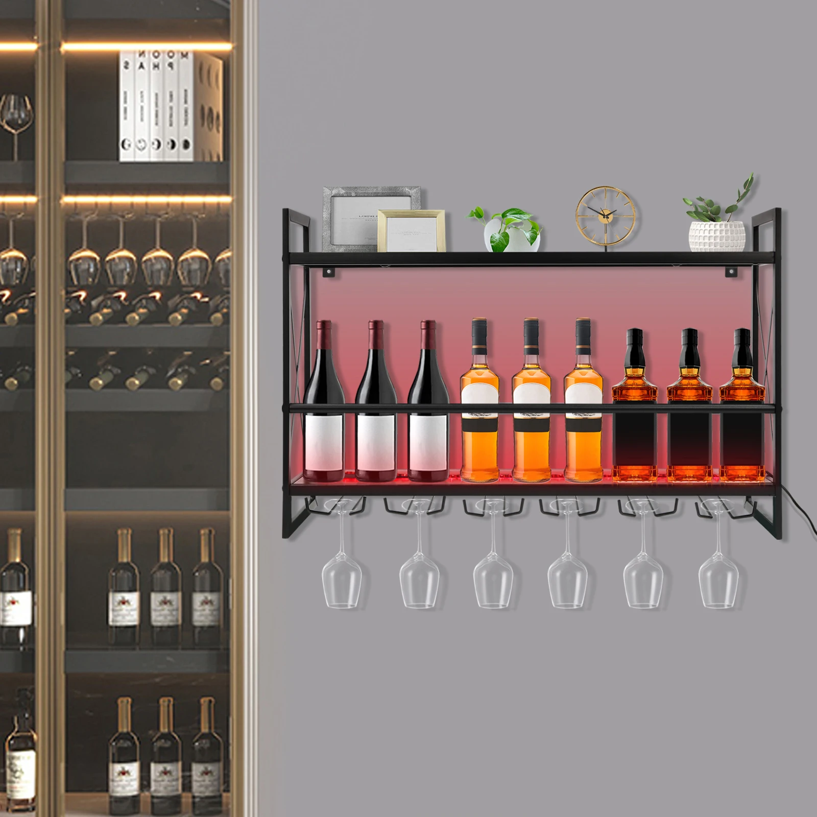 Bymaocar LED Wall-Mounted Wine Rack with Remote Control | 2-Tier Industrial Metal Hanging Wine Rack | 6 Stem Glass Holders