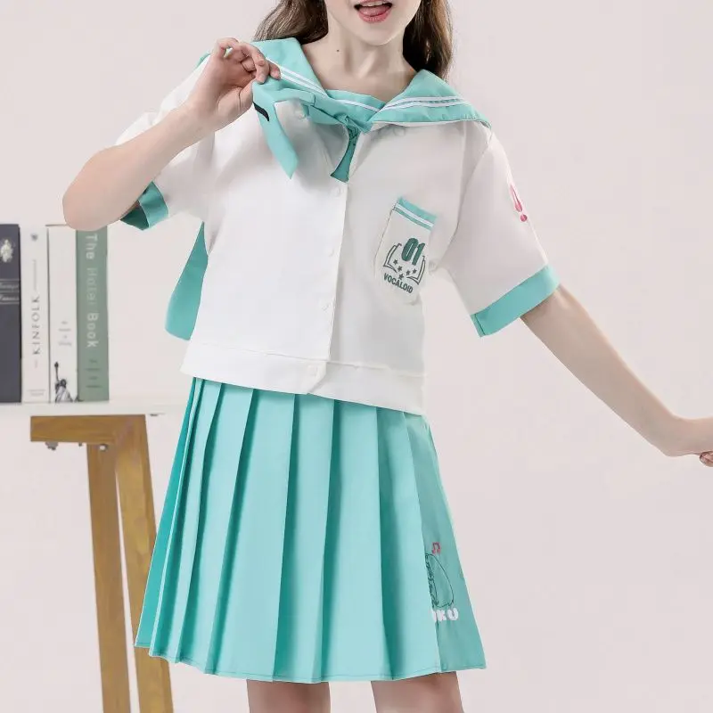 

2026 Summer New Hatsune Miku Cosplay Sailor Uniform Set Girls 2Pcs Summer Anime Print School Style Skirt Outfit Cartoon Kawaii