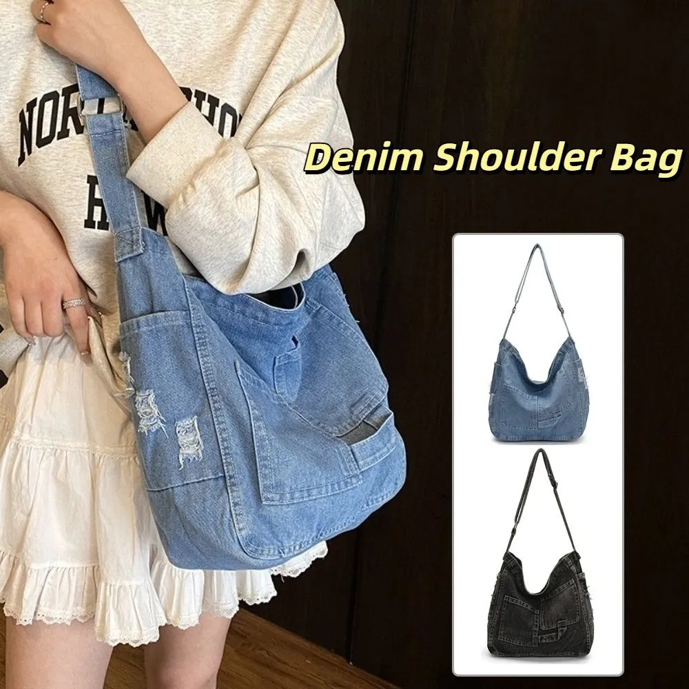Trendy Vintage Denim Umhängetasche Vielseitig Große Kapazität Hobo Sling Tasche Zipper Cross Body Satchel Taschen Frauen Männer
