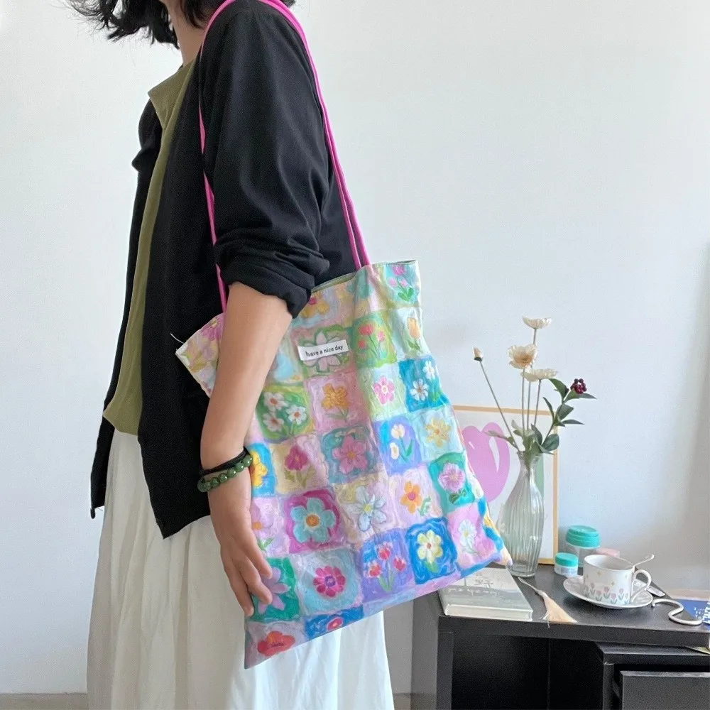 Aesthetic Pastel Flower Floral Shoulder Bag PU Strap Pastoral Style Storage Bag Cloth Shopping Bag Daily Carry