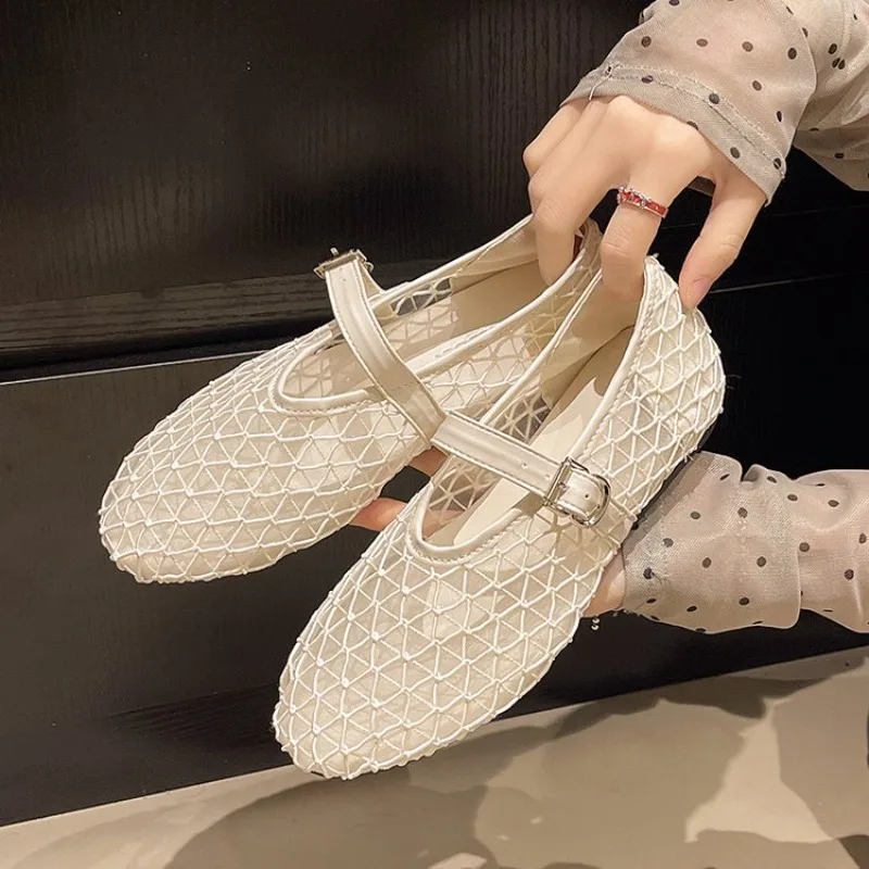 

Womens Mesh Mary Jane Flat Sandals Summer Breathable Hollow Out Fishnet Ballet Shoes Buckle Strap Lightweight Black Beige Shoes