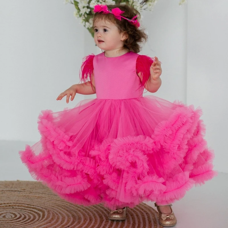 Light Pink Flower Girl Dresses Tulle Tiered Hem Feather Sleeve For Wedding Birthday Banquet First Communion Gowns