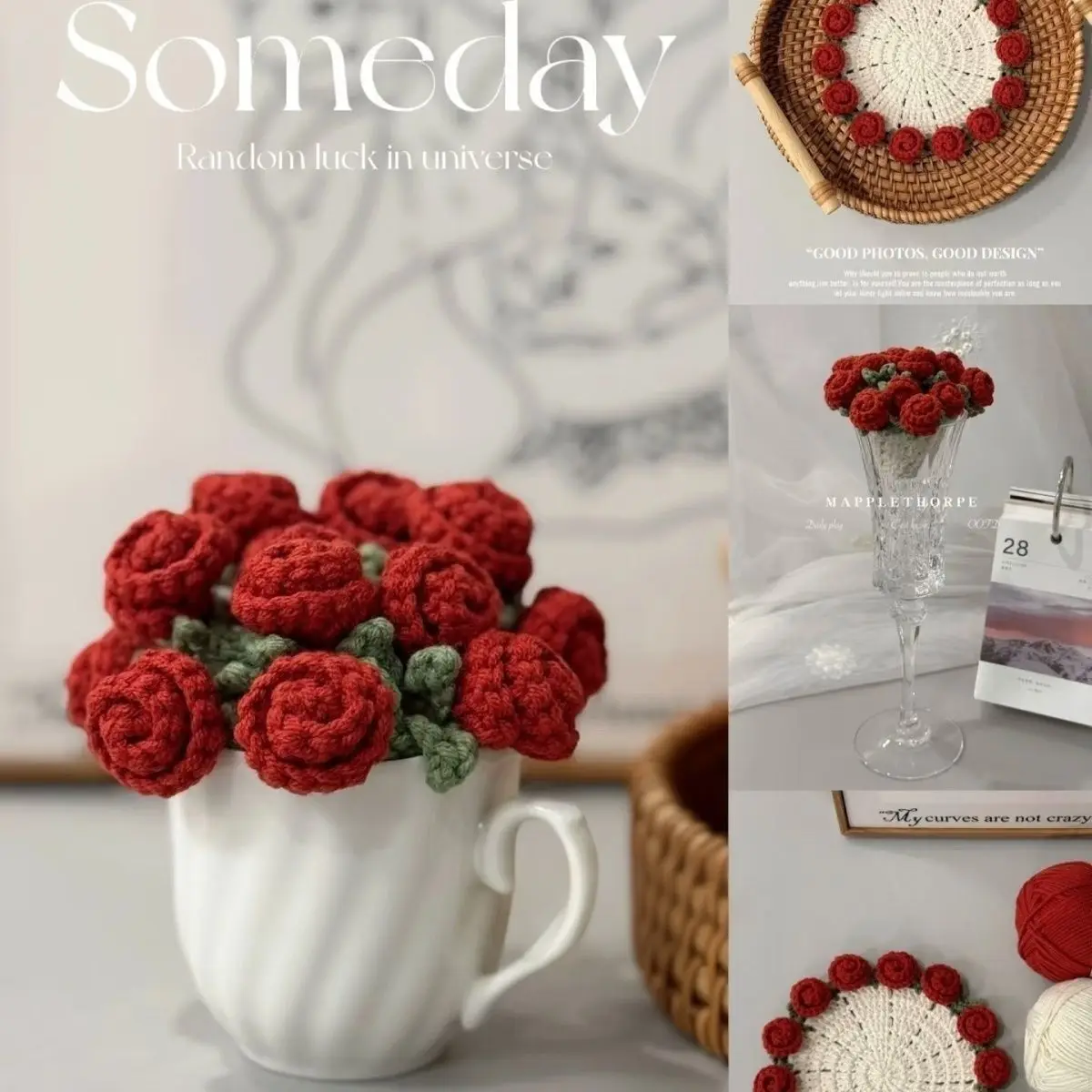 Finished handmade yarn rose bouquet coasters, handmade crocheted , transformed into hand-held bouquets, creative gift weaving