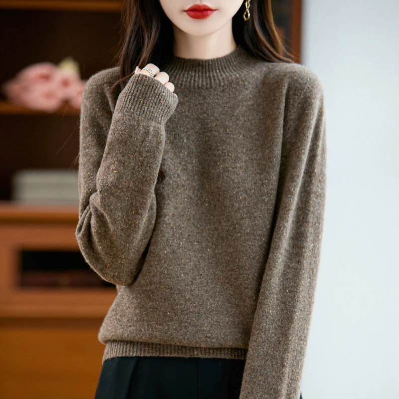 

100% Wool Thick Mock Neck Colored Speckled Yarn Solid Color Women's Pullover, Combining Warmth and Fashion