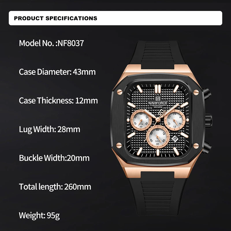 NAVIFORCE New Chronograph Watches for Men Square Dial Silicone Strap Waterproof Man Clock Quartz Calendar Luxury Male Wristwatch