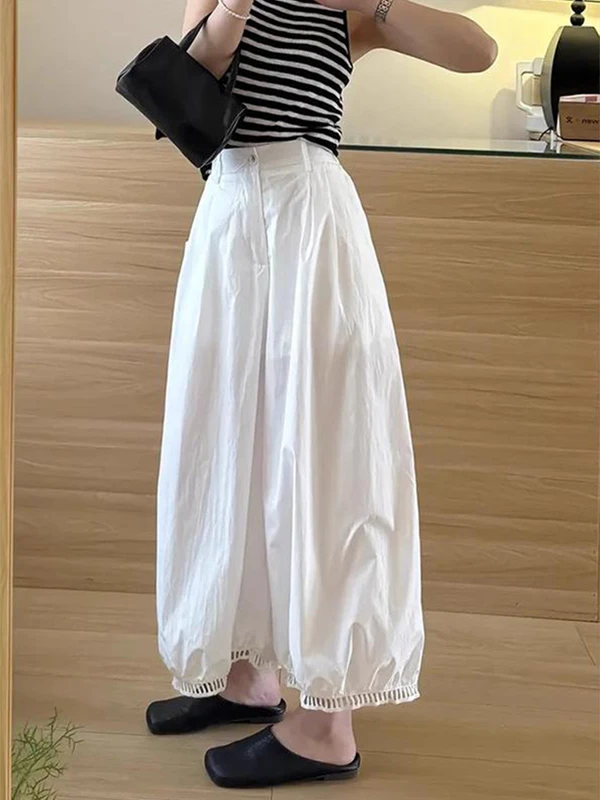 White High Waist Hollow Lantern Loose Casual Pants Women Summer New Style Drapey Wide Leg Nine Points Slimming Pants