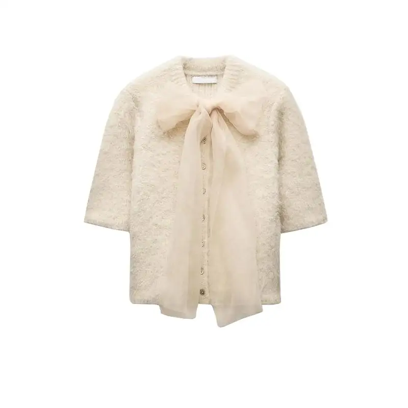 Autumn Winter New Arrival Women's Knitted Top Transparent Hard Lace  Knot Decorated Versatile Sweet Sle Polyester ...