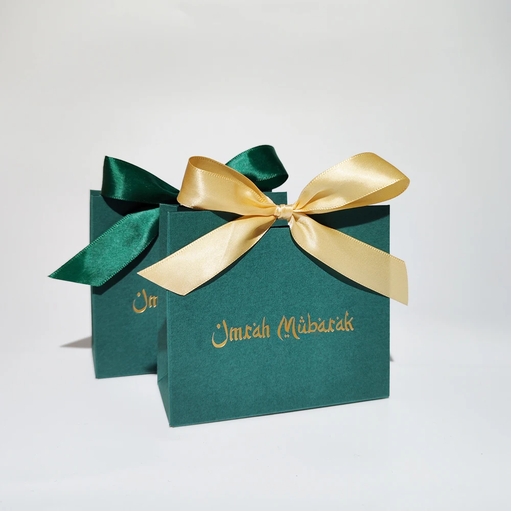 Mini Umrah Mubarak Gift Candy Box Set Green Eid Mubarak Paper BagParty Favor Gift Box Muslim Islamic Party Supplies