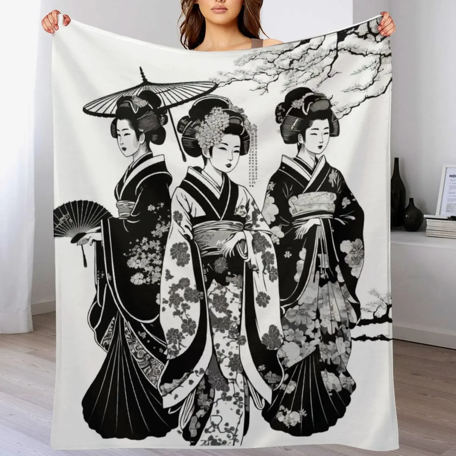 Beautiful Geisha in Black and White Throw Blanket Soft Comfort Blanket for Reading Watching TV