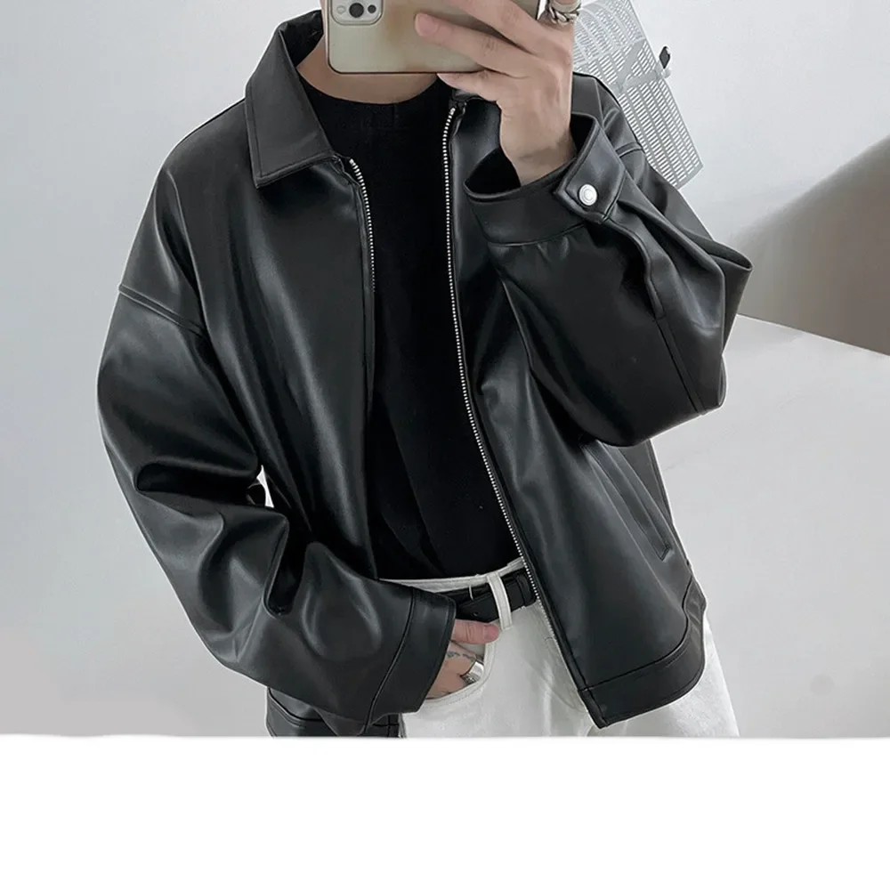 2023 New Trendy Men's Leather Jacket Loose Fit Pu Leather Casual Baseball Motorcycle Jacket Korean Style Spring Autumn