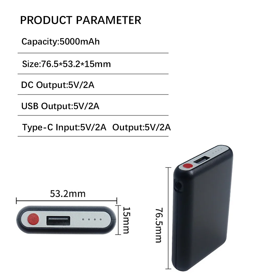 5000mAh Mobile Power Mini Portable Battery Pack for Heated Socks Vests Scarves Gloves Belts Warming Patch USB DC Output 5V2A