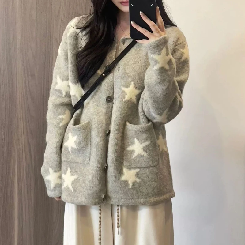 

New Jacquard Collar Coat Sweater Women's Spring and Autumn Sweet Soft Sticky Knitted Sweater Versatile Top