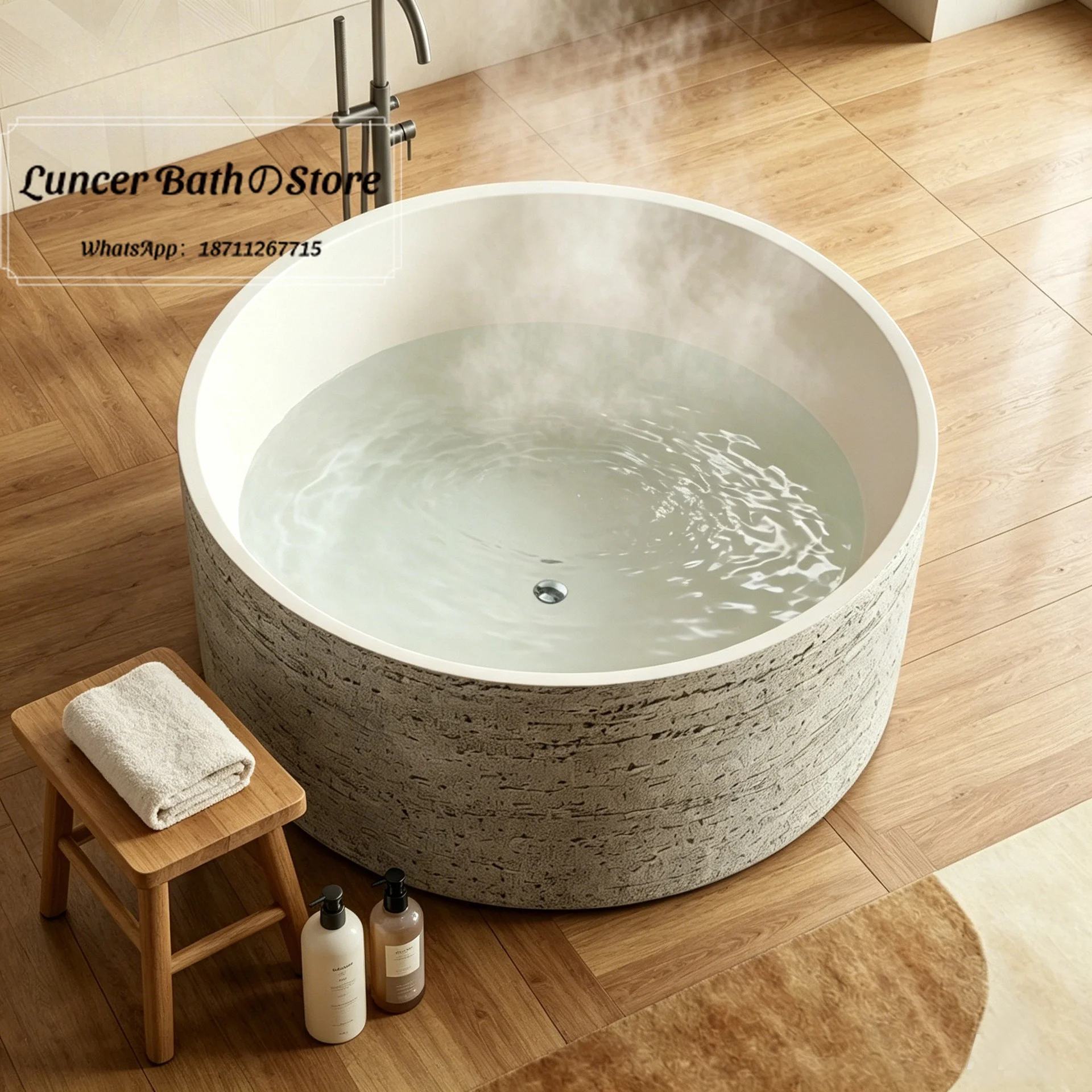 Wabi Sabi Designer Faux Travertine Bathtub, Creative Art Stone Tub for Villa, B&B, Hotel, Round Outdoor Spa Bath