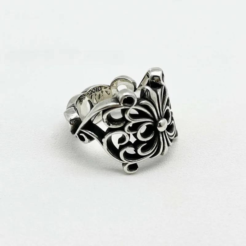 S925 Silver Retro Butterfly Flower Ring with Personalized Medieval Style for Men and Women, Daily Stacking