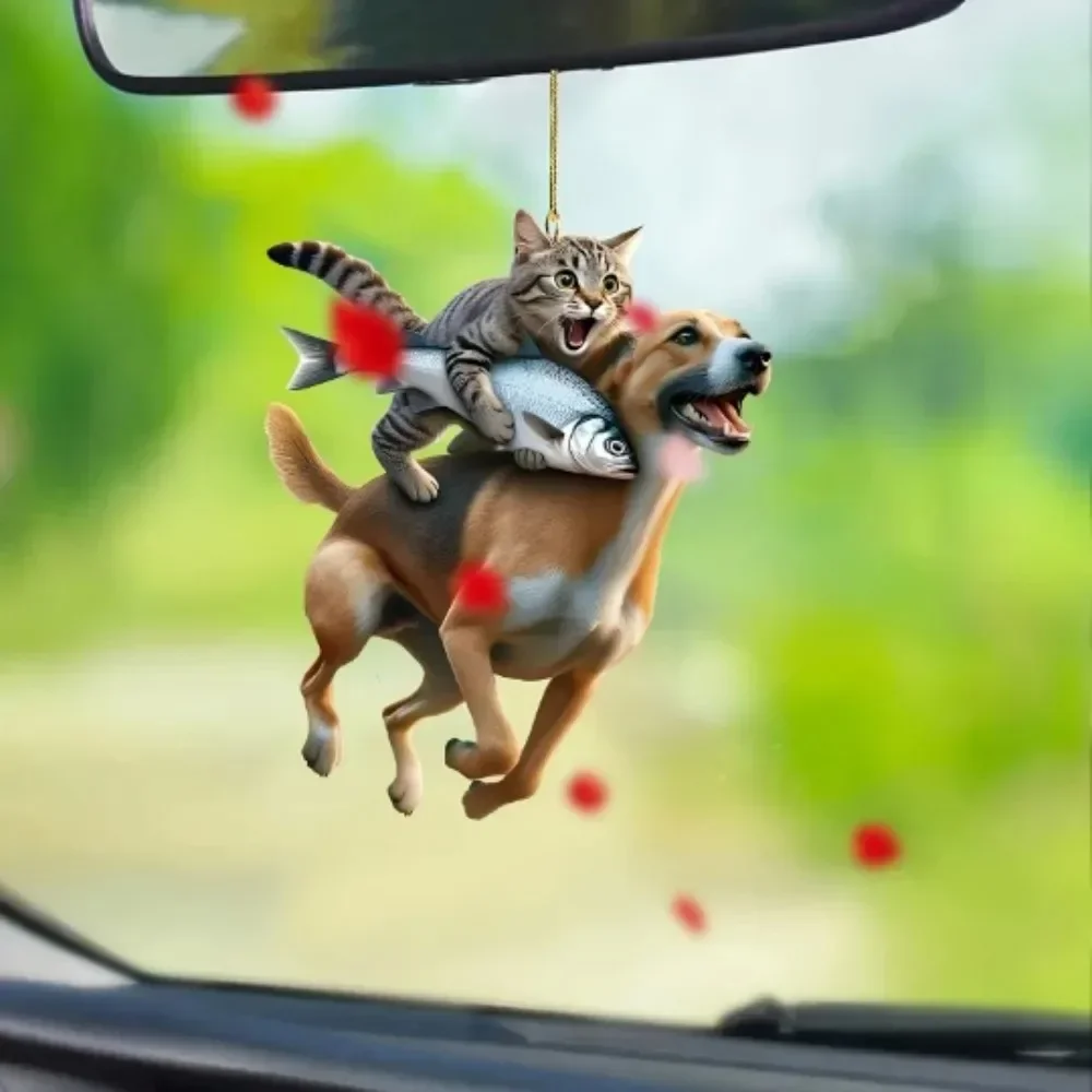2D Funny Simulation Cat Car Hanging Ornament Complete With Chain, Cute Mirror Pendant for Car Interior Decoration