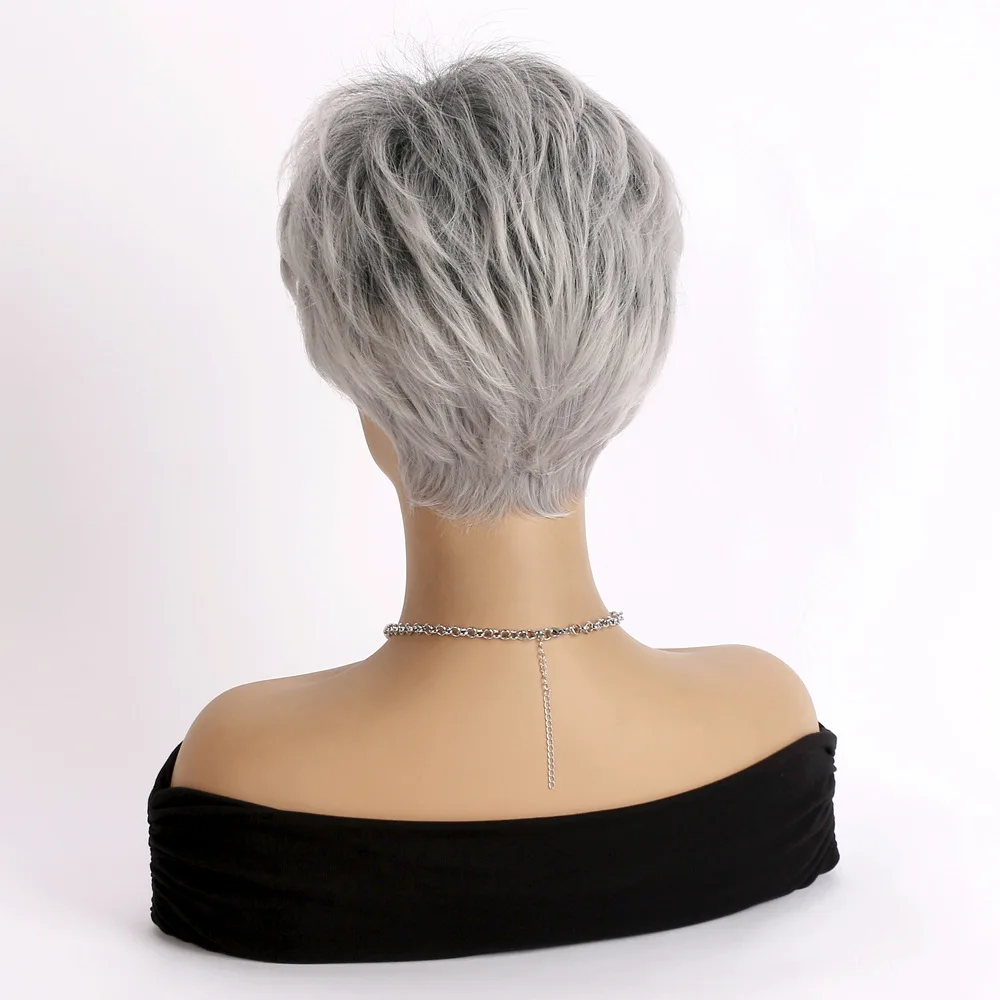 Pelucas sintéticas cortas de corte Pixie para mujer, pelo liso Natural, gris plateado con flequillo, pelo Mommy, peluca rizada ombré para fiesta de disfraces