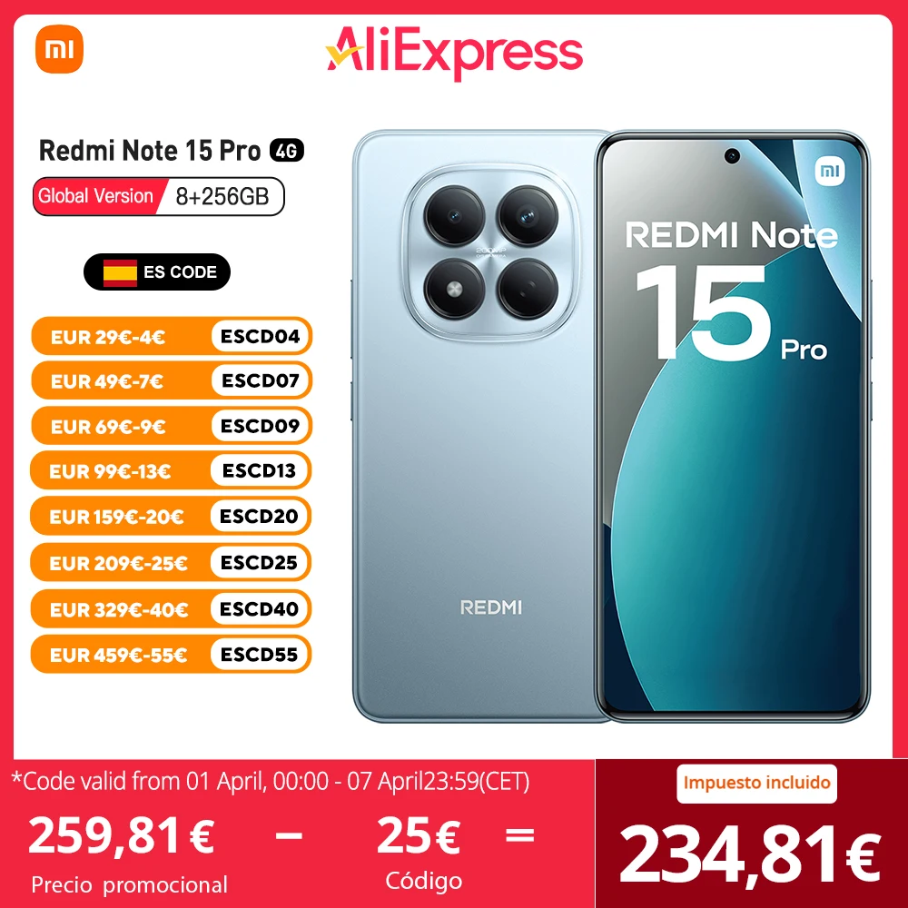 Xiaomi Redmi Note 15 Pro 4G Versión EU 8GB 256GB  MTk Helio G200 Ultra, Pantalla AMOLED 6.77", 120Hz, Cámara 200MP, IP65, NFC