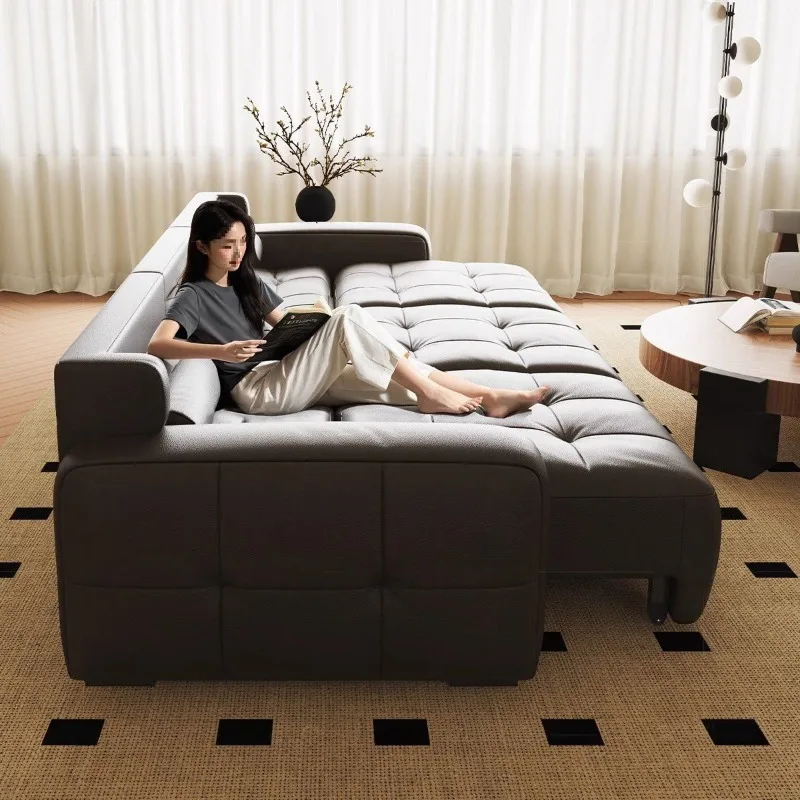 Electric functional sofa against the wall Sofa bed Living room Italian cowhide telescopic small apartment leather straight row
