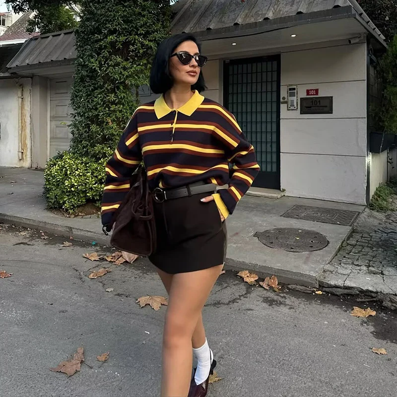 2025 nuevas camisetas de punto con cuello tipo Polo, suéter de otoño para mujer, Jersey de punto a rayas a la moda, Tops elegantes para vacaciones para mujer