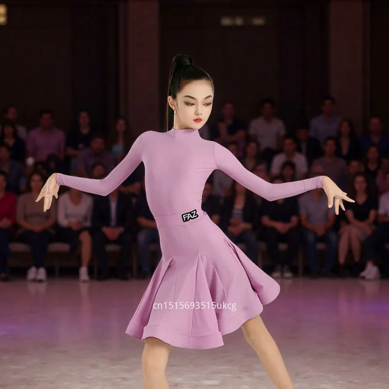 

Одежда для соревнований по латиноамериканским танцам для подростков, танцевальное платье из блестящей ткани с длинными рукавами, детская одежда для занятий ча-ча-ча и румбой, тренировочная одежда для танцев