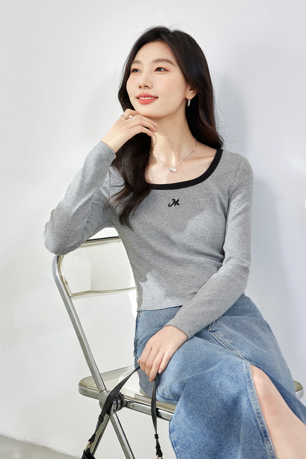 VIMLY Women's Autumn Vintage PulloverU-Neck Embroidery Solid  Long Sleeve Undershirt Slim T-Shirt Office Lady Casual Tops