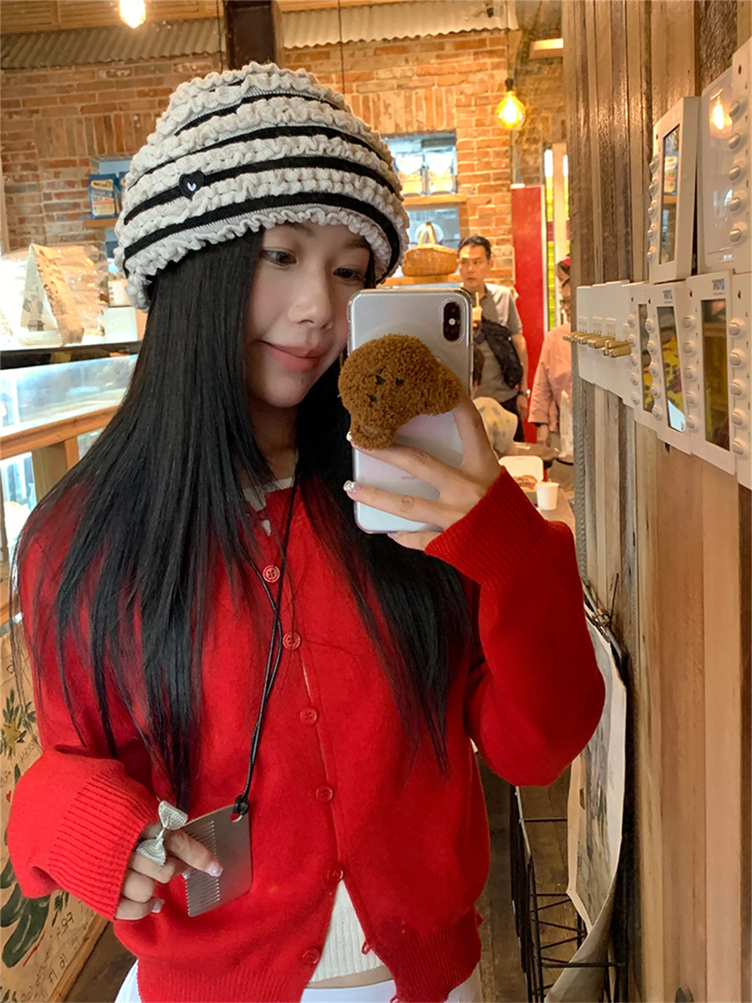 Bla White Striped Knitted Hat Women's Autumn Winter Small Face Flattering Versatile Foldable Floral Lace Hat Casual Sle